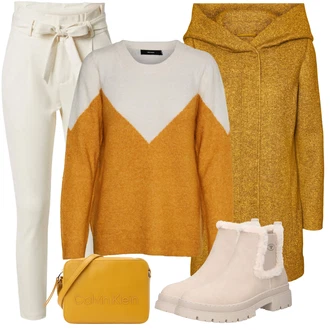 Outfit s Oranžová Dlouhé Šaty/Slim Fit Džíny/Dlouhé Kardigany/Dlouhý Svetr/Taška Přes Rameno/Dlouhý Zimní Kabát/Dlouhá tylová sukně/Doplňek Calvin Klein "Perfektní na zimu"