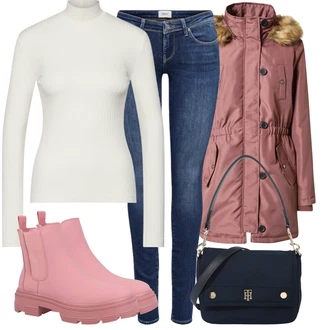 Outfit sa Pink Chelsea Gležnjača/Kožna Jakna/Ravna Gležnjača/Gumena Gležnjača About You "Savršen za zimu"