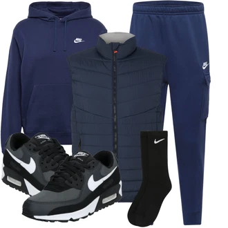 Esthetische Outfit mit Blau/Dunkelblau Sweatmode/Sport Hoodie/Hoodie/Sport Sweatshirt/Ausgefallener Hoodie/Vintage Hoodie/Partner Hoodie/Unisex Hoodie Nike Sportswear "Sportliches Winter Outfit"Look: Uni, Classic, Esthetische, Rap, Unisex, Skater, Oversize, Sportlich, Retro
