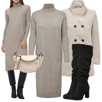 Dlouhé / Maxi Outfit s Šedá Dlouhé Šaty/Taška/Doplňek/Dlouhý Zimní Kabát/Dlouhá tylová sukně Seidenfelt Manufaktur "Stylový zimní outfity"