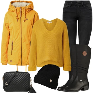 Outfit s Černá Zimní Kozačka/Dlouhá Kozačka/Bota se širokým nohavici/Klasická Kozačka/Plochá Kozačka nad koleno/Nepromokavá Kozačka/Jezdecká Bota Rieker "Stylový zimní outfity"