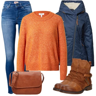 Outfit sa Crvena/Smeđa/Narandžasta/Bež Čizmica Kožna gležnjača/Podstavljena Gležnjača/Borbena Čizma/Vintage Gležnjača/Motociklistička čizma/Ravna Gležnjača Rieker "Trendi zimski outfit"
