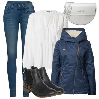 Podzim Outfit s Bílá/Krémová/Khaki Slip-on Halenka/Halenka s Dlouhým Rukávem/Kožená bunda pro muže/Halenkové Body/Sportovní Halenka/Oversize Muselínová Blůza About You "Trendový zimní vzhled"