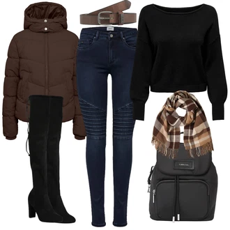 Sexy Outfit s Černá Kozačka nad Kolena/Kožená Kozačka nad Koleno/Dlouhá Kozačka/Plochá kozačka nad koleno/Kozačka po Kolena About You "Trendový zimní vzhled"Look: Ležérní, Elegantní, Cool, Slavnostní, Old Money, Příliš oblečený, Sexy
