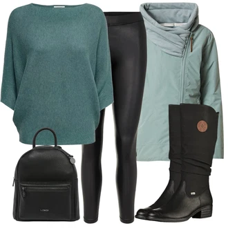 Outfit s Černá Zimní Kozačka/Dlouhá Kozačka/Bota se širokým nohavici/Klasická Kozačka/Plochá Kozačka nad koleno/Nepromokavá Kozačka/Jezdecká Bota Rieker "Trendový zimní vzhled"
