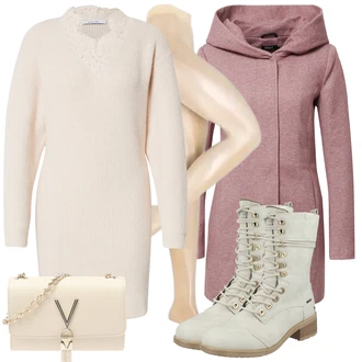 Grunge, Venkovní Outfit s Růžová/Fialová/Hnědá/Červená Pletený Kabát/Kabát s Kapucí/Pletený Fleecový Kabát/Zimní Kabát Vlněný kabát/Fleecový Kabát/Lodenový kabát/Vlněný Fleecový Kabát Only "Trendový zimní vzhled"Look: Pro Dům, Mom, Krásný, Venkovní, Příliš oblečený, Univerzitní