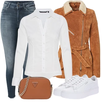 Outfit s Bílá/Krémová Halenka Slim Fit/Halenkové Body VERO MODA "Trendový zimní vzhled"