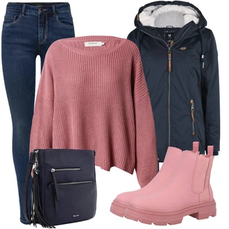 Outfit sa Pink Chelsea Gležnjača/Kožna Jakna/Ravna Gležnjača/Gumena Gležnjača About You "Udoban zimski outfit"