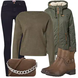 Outfit sa Narandžasta/Tamnocrvena/Crvena/Smeđa Kožna Jakna/Push-up Traperice/High Waist Traperice/Muška Kožna Jakna/Traperica Niskog Struka/Traperica Niskog Struka/Traperice Slim Kroja/Kožne Cipele/Trenerke Traperice/Bikerske Traperice Only "Udoban zimski outfit"