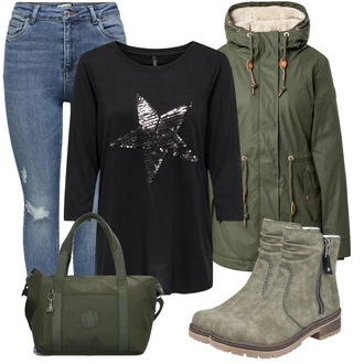 Outfit sa Crna Majica s 3/4 rukavima Only "Udoban zimski outfit"
