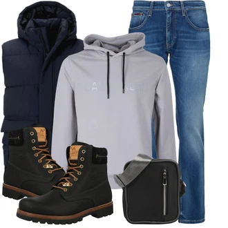 Winter Outfits Vintage mit Schwarz/Dunkelgrau/Grau Mannstasche about you x rewinside "Winter Outfit"Look: Vintage, Moderne, Premium, Unisex, Metal, Retro, Classic, Lack