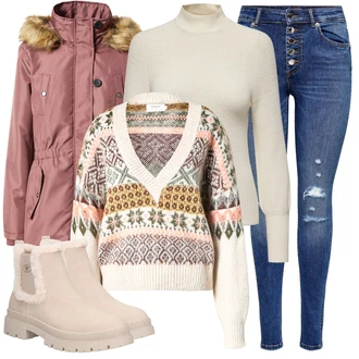 Široký pas Outfit s Béžová/Khaki/Hnědá Chelsea Boty/Zimní kotníková bota/Zimní bota/Kotníková Bota s Podšívkou/Plochá Kotníková Bota/Teniska Zimní Tenisky/Zimní kozačka z jehněčí kůže/Ovčí Kožešinová Bota/Kožená bunda Tom Tailor "Zimní Outfit"