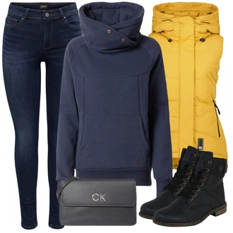 Outfit s Černá/Tmavě Modrá/Modrá Kozačka Šněrovací Kotníková Bota/Klasická Kozačka/Kotníková Bota s Podšívkou/Bojová Bota/Plochá Kotníková Bota/Motorkářská bota Rieker "Zimní Outfit"