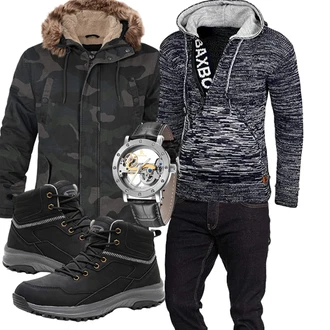 Outfit mit Schwarz/Dunkelgrün/Dunkelgrau Winter Sneaker/Wasserdichter Stiefel/Wasserdichter Outdoorschuh/Trekkingstiefel/Wasserfester Schuh/Herren Lederschuhe TORISKY "Winter Outfit"
