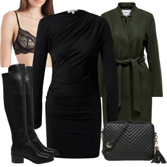 Outfit s Černá Kozačka nad Kolena/Nízká bota na podpatku Steve Madden "Zimní Outfit"