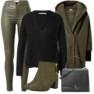Kůže Outfit s Tmavě zelená/Khaki Kožená bunda/Motorkářské Džíny/High Waist Džínové Kalhoty/Džíny s Rozparkem/Termální Džíny JdY "Zimní Outfit"