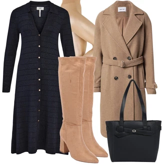 Zapínání na knoflíky Dlouhé Outfit s Tmavě modrá Šaty s dlouhým rukávem/Svetrové Šaty/Dlouhé pletené šaty/Zimní Pletené Šaty/Zimní šaty s dlouhým rukávem Object "Zimní Outfit"