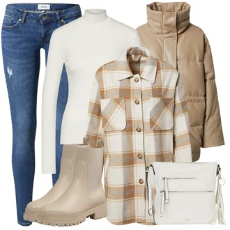 S Třásně Outfit s Hnědá/Béžová/Khaki Chelsea Boty/Kožená bunda/Gumová Kotníková Bota/Plochá Kotníková Bota/Kotníková Bota s Podšívkou About You "Zimní Outfit"