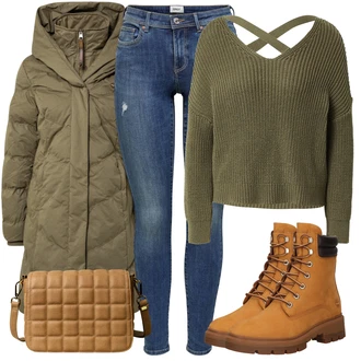 Recyklovaný materiál Outfit s Hnědá Kozačka Šněrovací Kotníková Bota Timberland "Zimní Outfit"