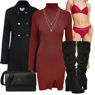 Outfit s Černá Taška/Dlouhé Šaty/Dlouhá tylová sukně/Doplňek/Dlouhý Zimní Kabát Calvin Klein "Zimní Outfit"