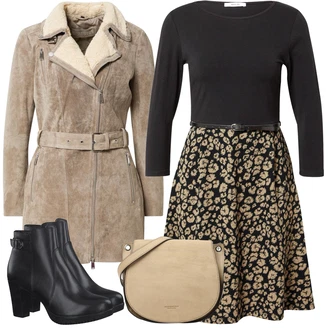 Výstřih na ramena Outfit s Černá/Hnědá/Tmavě zelená/Khaki Šaty s 3/4 Rukávem/Zimní šaty s dlouhým rukávem/Šaty na Podzim/Šaty Do Áčka/2-v-1 šaty About You "Zimní Outfit"