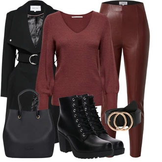 Outfity na svátky Old Money s Červená/Hnědá/Vínová/Tmavě červená Kožený legíny/Legíny Kožený Vzhled/Kalhoty z Umělé Kůže/Kožená Kalhoty Edited, Černá Motorkářská bota/Chelsea Boty/Kožená bota/Goodyear welted bota/Business Bota About You, Černá/Zlatý/Béžová/Růžová Ležérní pásek/Široký Opasek/Pásek bez Přezky/Kožený Pásek/Klasické Pásky About You "Zimní Outfit"Look: Elegantní, Francouzské, Old Money, Venkovní, Bezešvé, Duckfeet, Kancelář, Premium, Šik, Cool, Extravagantní, Unisex, Retro, 80tá léta