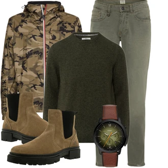 Mit Absatz Outfit mit Dunkelgrün/Beige/Braun/Khaki Stiefelette Lederjacke/Chelsea Boot Bullboxer "Winter Outfit"