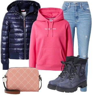 Dlouhé / Maxi Outfit s Růžová Dlouhá tylová sukně/Šaty s dlouhým rukávem/Dlouhé Šaty/Šaty s výstřihem/Mikina/Teplák/Dlouhý Zimní Kabát Tommy Hilfiger "Zimní Outfit"