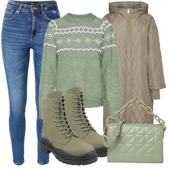 Outfit s Zelená Nízká bota na podpatku/Šněrovací Bota/Kozačka Šněrovací Kotníková Bota Dockers by Gerli "Zimní Outfit"