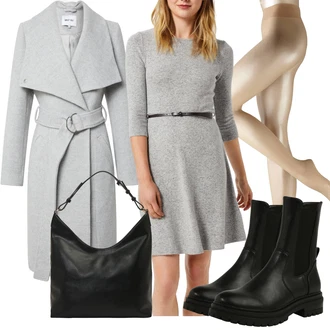Outfity na zimu S páskem Ke kolenům s Šedá/Světle šedá Šaty s Kapsou/Svetrové Šaty/Šaty S páskem/Tvidové šaty/Šaty s 3/4 Rukávem/Šaty Fit & Flare/Sakové Šaty/Pletené Šaty/Business Šaty/Skater šaty/Zimní Pletené Šaty About You "Zimní Outfit"