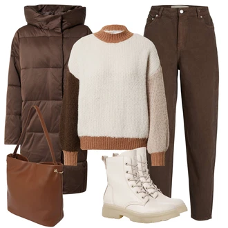 Outfit s Khaki Mom Jean/Dámské Džíny s Délkou 7/8/Baggy Džíny/Dad Džíny/High Waist Džínové Kalhoty/Pánské tričko/Džíny Volného Střihu/Plisované Džíny/Formální Košile/Zužující se Džíny/Termální Džíny/Zimní bunda jjxx "Zimní Outfit"
