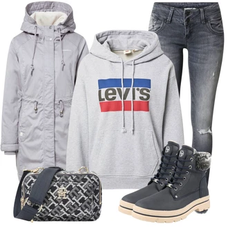 Dlouhé Zima Outfit s Šedá/Tmavě šedá/Světle šedá/Tmavě modrá Kožená bunda/Kožené bundy/Džíny s Nízkým Sedem/Zimní bunda/Motorkářské Džíny/Džíny s Rozparkem/Džíny s Dírou/Džín s Nízkým Pasem/Push up Džín LTB "Zimní Outfit"