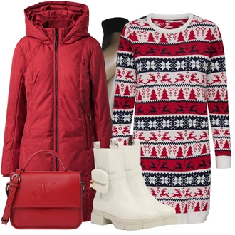 Outfit s Červená Taška/Dlouhý Zimní Kabát/Dlouhá tylová sukně/Dlouhé Šaty/Doplňek Calvin Klein "Zimní Nálada"