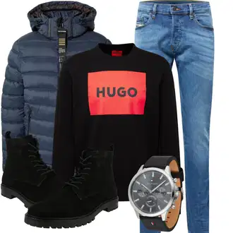 Strick Outfit mit Schwarz/Mischfarben/Orange/Rot Damen Pullover/Sport Sweatshirt/Pullover mit Stehkragen/Lederjacke Hugo "Winterlicher Look"