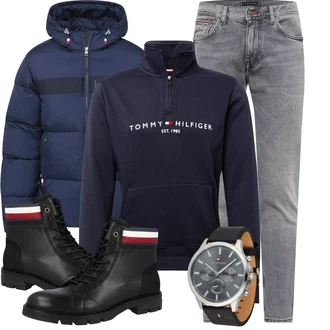 Winter Outfits Vintage mit Dunkelblau Sweatmode/Strick Große/Half-zip Hoodie/Pullover mit Stehkragen/Sport Sweatshirt Tommy Hilfiger, Braun/Schwarz/Dunkelrot/Grau/Blau Tommy Hilfiger "Winterlicher Look"Look: Rad, Retro, Vintage, 70er, Sportlich, Maritim, Skater, 80er, Classic, Leger, Punk, Schön, Elegant, Unisex, Moderne