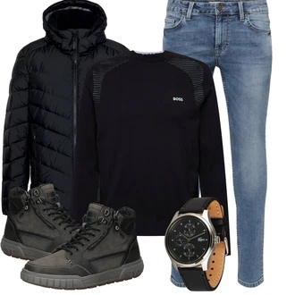 Outfit mit HellBlau/Blau Slim Fit Jeans/Lederjacke/Push up Jeans/Leder Schuhe/Jeans mit Schlitz/Knöchelstiefel/Low Rise Jean/Winterjacke/Biker Jeans/Regular-Fit Jeans Only & Sons "Winterlicher Look"