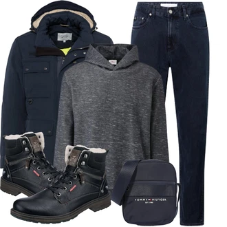 Outfit mit Schwarz/Rot Winter Stiefelette/Gefütterte Stiefelette/Schnürstiefelette/Wattierte Stiefel/Stiefel Mit Reißverschluss/Herren Lederschuhe/Wasserdichter Stiefel/Winter Stiefel/Leder Stiefelette/Klassischer Stiefel Mustang "Winterlicher Look"
