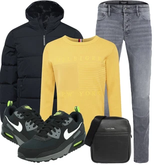 Outfit mit Grau/Hellgrau Herren Lederjacke/Slim Fit Jeans/Winterjacke/Lederjacke/Leder Schuhe/Biker Jeans/Jeans mit Schlitz/Thermojeans/Low Rise Jean Jack & Jones "Winterlicher Look"