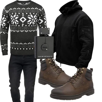 Outfit mit Schwarz/Dunkelgrau Strickpullover/Pullover Bedrucken/Jacquard Pullover/Wollpullover/Winterpullover/Norweger Pullover !Solid "Winterlicher Look"