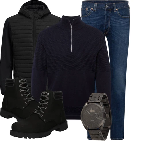 Schwarz/Grau/Dunkelgrau Stehkragen-Strickjacke/Strickjacke Gefüttert/Winter Strickjacke/Wolle Strickjacke/Merinojacke/Thermojacke/Hybridjacke/Kunstfaserjacke/Kapuzenjacke/Isolationsjacke Jack & Jones kombinieren