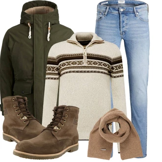 70er Outfit mit Hellblau/Blau Slim Fit Jeans/Lederjacke/Leder Schuhe/Push up Jeans/Low Rise Jean/Winterjacke/Jeans mit Schlitz/Regular-Fit Jeans/Knöchelstiefel/Herren Lederjacke/Schlupfjeans/Low Waist Jean/Tapered-Jeans Jack & Jones "Winterlicher Look"Look: Uni, Classic, Premium, 70er, Coole, Schön, Old Money, Schlichte, Casual