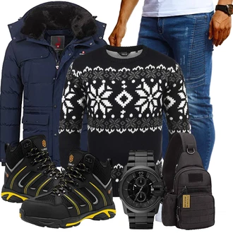 Winter Outfits Groß mit Schwarz/Weiß Pullover Bedrucken/Wollpullover/Jacquard Pullover/Winterpullover/Norweger Pullover !Solid "Winterlicher Look"