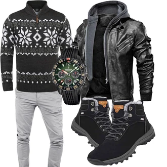 Groß Outfit mit Schwarz/Dunkelgrau Jacquard Pullover/WinterPullover/WollPullover/Pullover mit Reißverschluss/Norweger Pullover !Solid "Winterlicher Look"