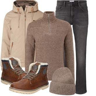 Outfit mit Braun/Beige Winterschuh/Gefütterte Stiefelette/Wattierte Stiefel/Winter Sneaker/Winter Stiefelette/Winter Stiefel/Klassischer Stiefel/SchnürStiefelette/Wasserdichter Stiefel Mustang "Winterlicher Look"