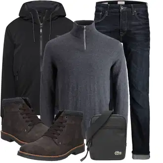 Outfit mit Dunkelgrau/Dunkelblau/Grau Rollkragenpullover/Pullover mit Reißverschluss/Wollpullover/Einfacher Pullover/Feinstrickpullover Jack & Jones "Winterlicher Look"