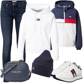 Outfit s Šedá Dlouhé Šaty/Taška/Dlouhá tylová sukně/Doplňek/Dlouhý Zimní Kabát Tommy Jeans "Zimní styl"