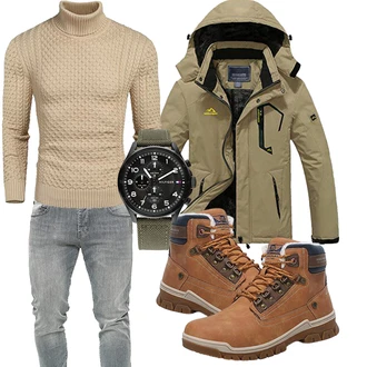 Retro Outfit mit Braun/Beige Winter Stiefelette/Winter Stiefel/Wattierte Stiefel/Wasserdichter Outdoorschuh/Klassischer Stiefel/Winter Sneaker/Trekkingstiefel/Wasserfester Schuh/Herren Lederschuhe/Wasserdichter Stiefel ARRIGO BELLO "Winterlicher Look"Look: Outdoor, Retro, Indoor, Premium, Stil, Workwear, Country Styl, Safari, Sportlich, Unisex