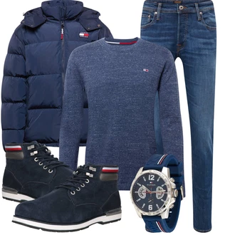 Winter Outfits mit Blau/Hellblau Slim Fit Jeans/Leder Schuhe/Lederjacke/Damen 7/8-Länge Jeans/Low Rise Jean/Tapered-Jeans/Winterjacke/Low Waist Jean/Schlupfjeans/Jeans mit Schlitz/Straight Leg Jean/Regular-Fit Jeans/Cropped Jeans/Knöchelstiefel Jack & Jones "Winterliches Freizeit Outfit"