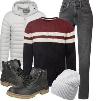 Winter Outfit mit Schwarz Schnürstiefelette/Stiefel Mit Reißverschluss/Springerstiefel/Biker Boot/Motorradstiefel/Klassischer Stiefel/Gefütterte Stiefelette/Sicherheitsschuh Mustang "Winterliches Freizeit Outfit"