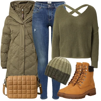 Recyklovaný materiál Outfit s Hnědá Kozačka Šněrovací Kotníková Bota Timberland "Zimní Outfit"